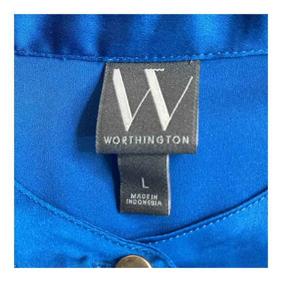 Worthington Satin Teal Blue Button-Up Blouse Women’s Large Long Sleeve - Picture 5 of 8